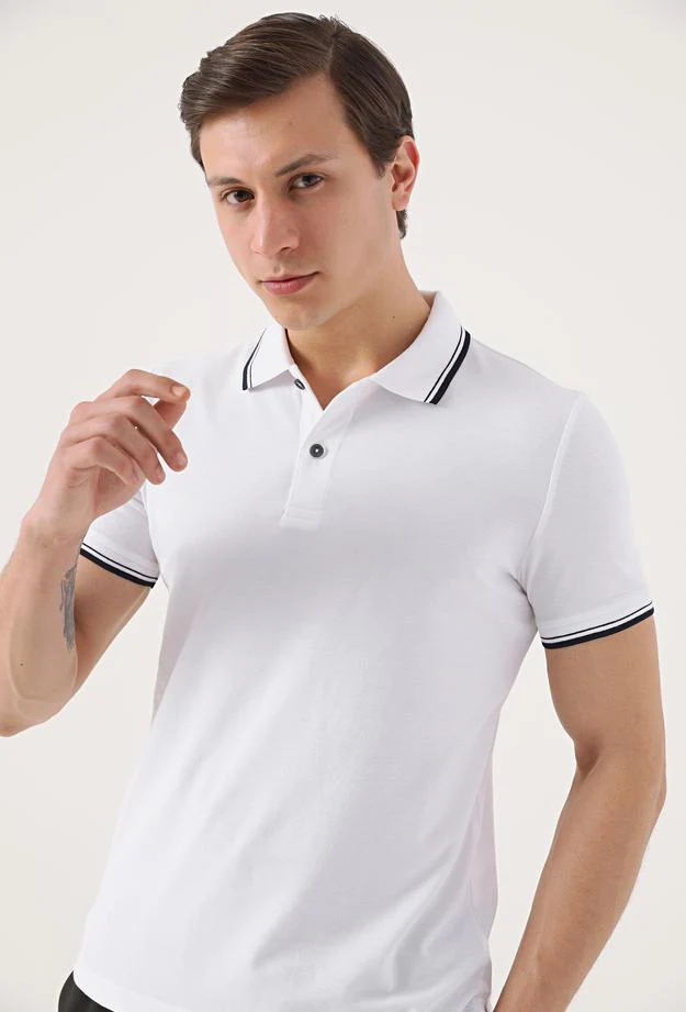Twn Slim Fit White Plain Knit 100% Cotton Polo T-Shirt