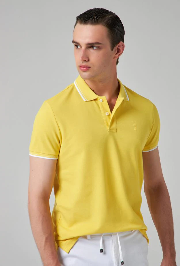 Twn Slim Fit Yellow Plain Knit 100% Cotton Polo T-Shirt