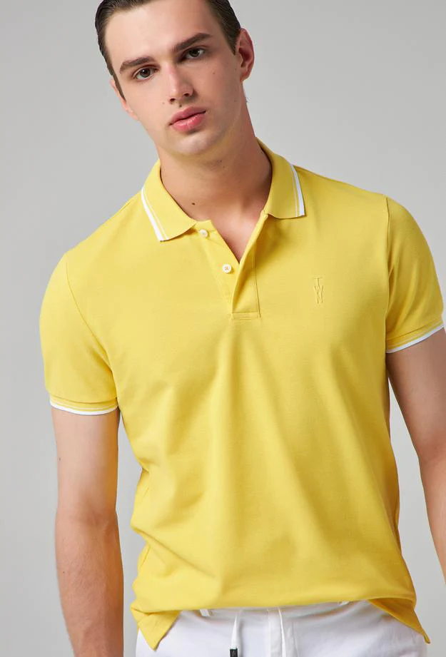 Twn Slim Fit Yellow Plain Knit 100% Cotton Polo T-Shirt