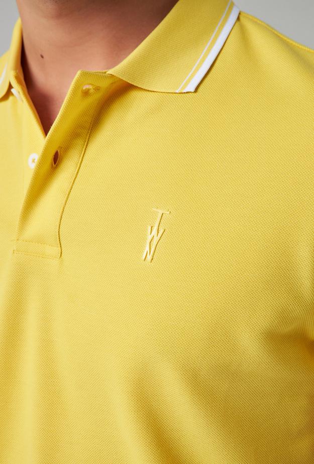 Twn Slim Fit Yellow Plain Knit 100% Cotton Polo T-Shirt