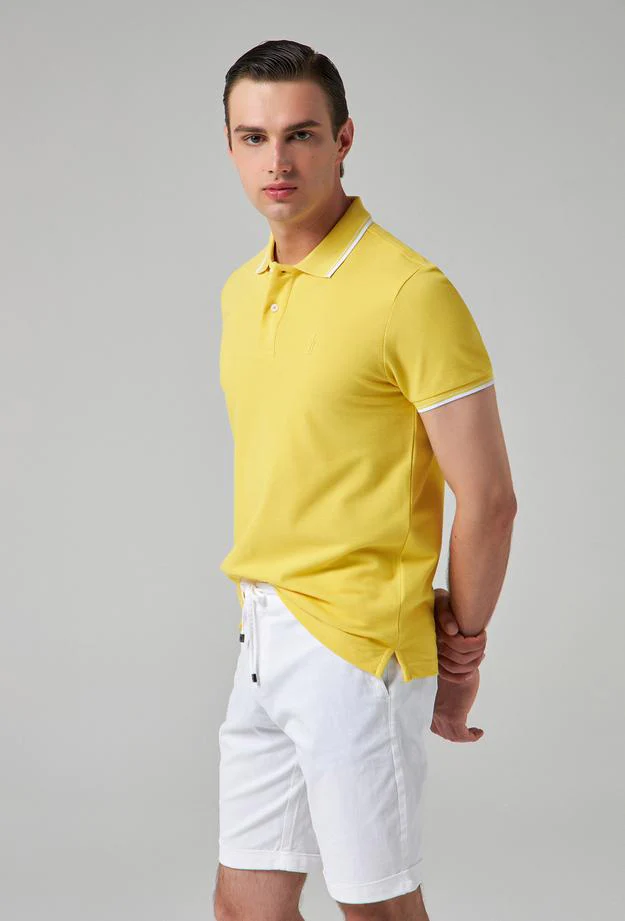 Twn Slim Fit Yellow Plain Knit 100% Cotton Polo T-Shirt