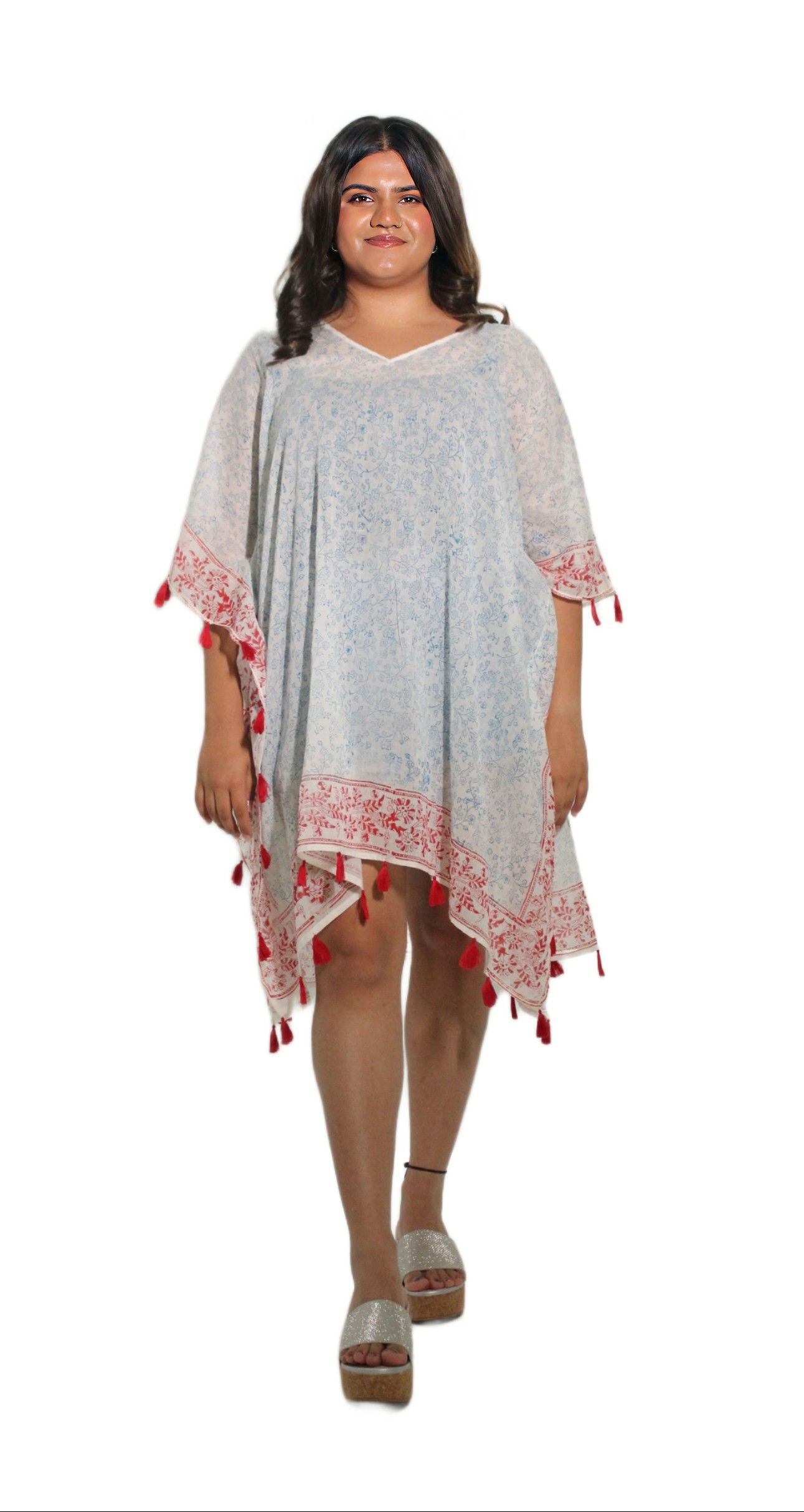 HAND BLOCK PRINT KAFTAN ALL ROUND TASSELS VZG-003 AFTERSHOCK LONDON 