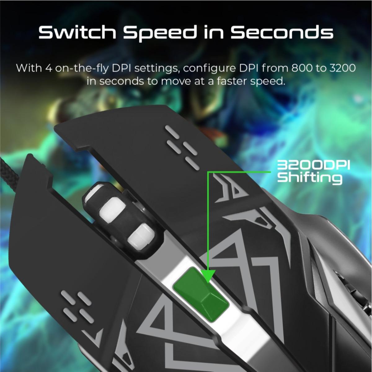 Vertux Drago Gaming Mouse | Up to 3200 DPI Optical Sensor | Multi-Color Backlit USB Wire Mouse | Anti-Tangle Braided Cable | 6 Buttons | Multi-Surface Tracking Mouse for PC, Laptop, Computer