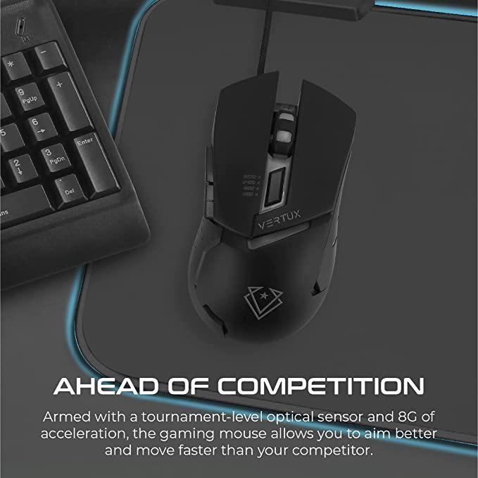 Vertux Dominator Gaming Mouse | Quick Response Ergonomic Gaming Mouse for Gamers | Up to 3200 DPI Optical Sensor | Up to 1000Hz Polling Rate | 8G Acceleration | 5 Programmable Buttons - Black