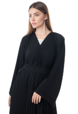 Black Pleated Abaya With Belt