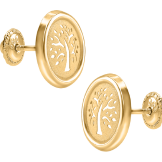 CIRCLE LIFE TREE PATTERN 18K YELLOW GOLD EARRING -108205 Yellow Gold
