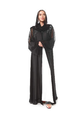 Wedding Chiffon Abaya with French lace and detailed tulle embroidery highlighted by Crystals
