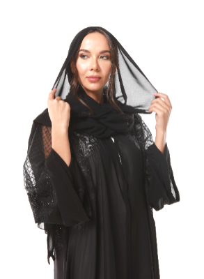 Wedding Chiffon Abaya with French lace and detailed tulle embroidery highlighted by Crystals