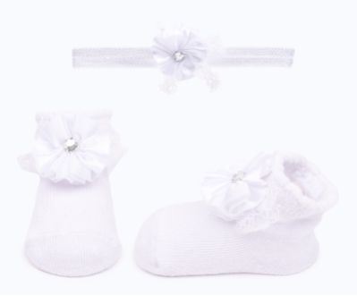 Baby"s Girl Headband & Sock Set White S- 0/6 M