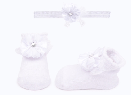 Baby"s Girl Headband & Sock Set White 0-6 M