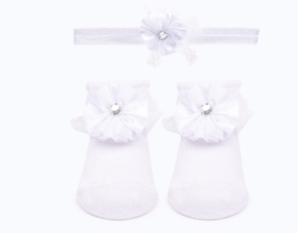 Baby"s Girl Headband & Sock Set White 6-12M